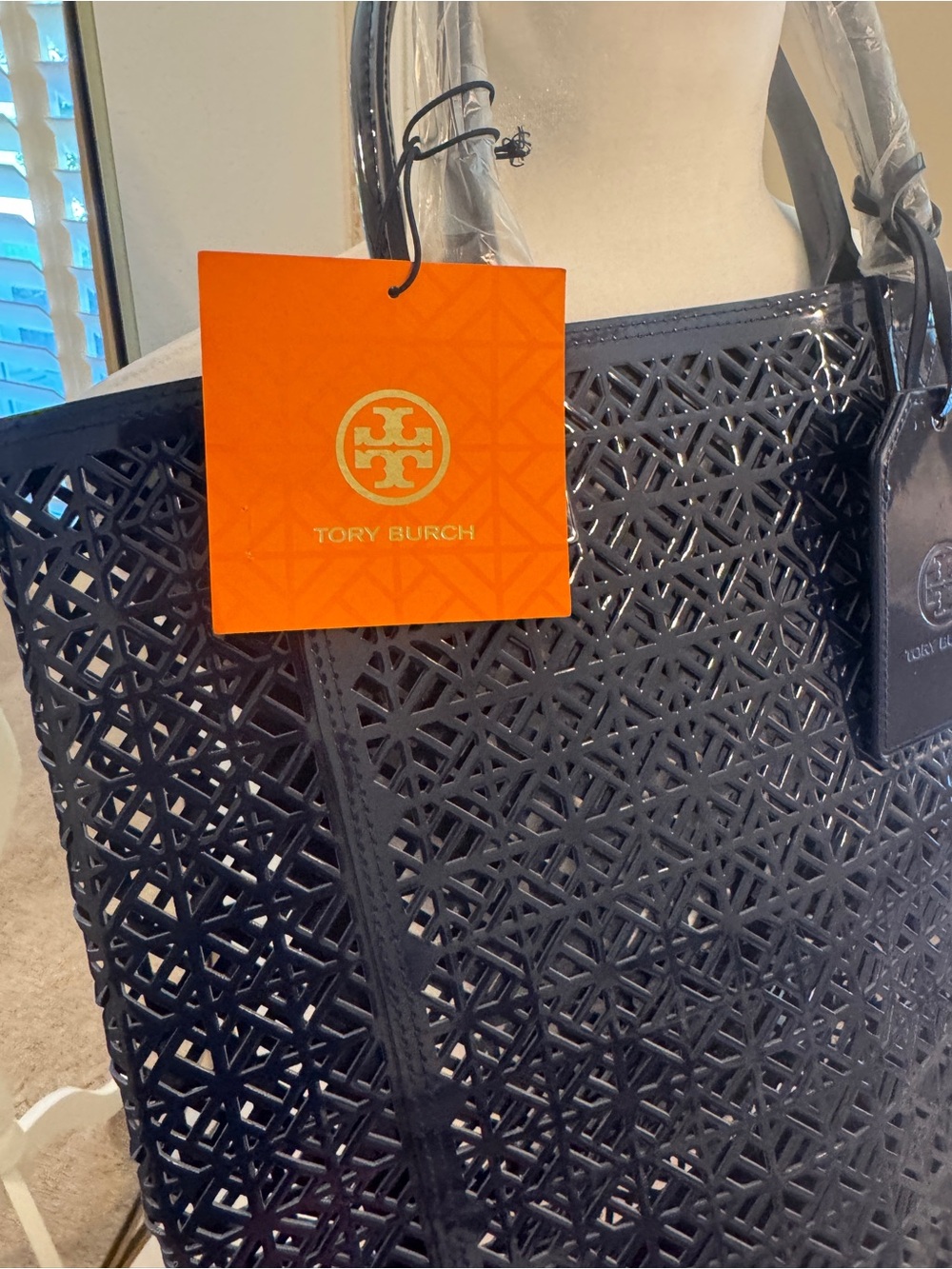 Tory Burch Navy Laser-Cut Tote with luggage tag. NWT